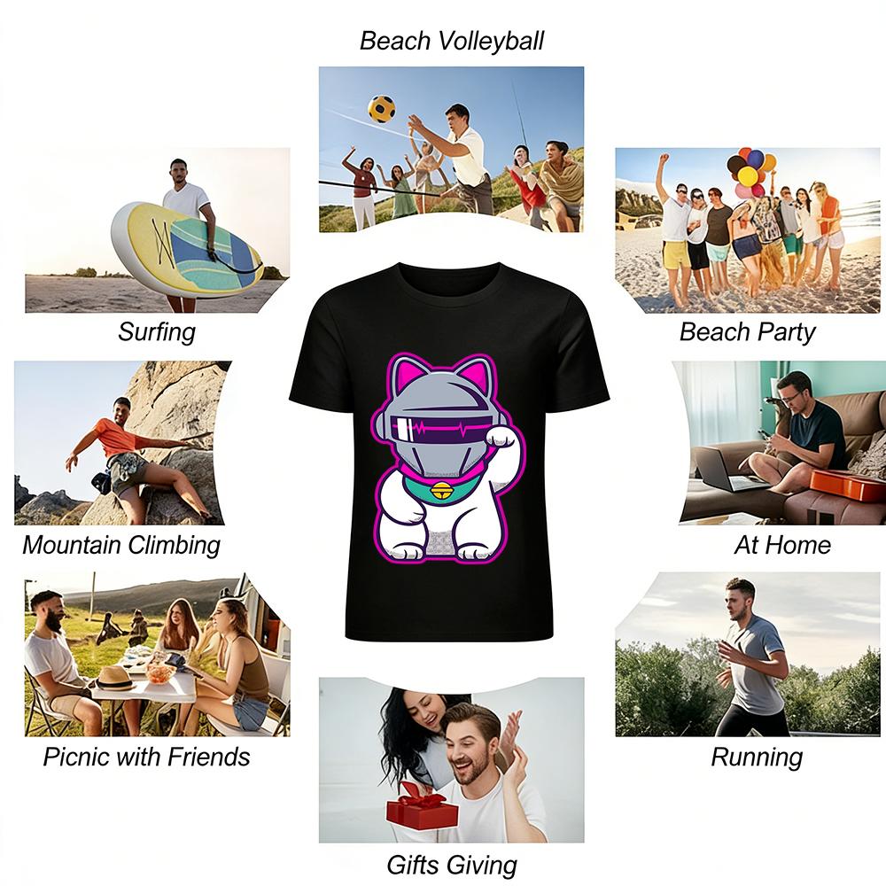 Cyber Lucky Cat Print Casual T-Shirt Unisex Street Style Loose Fit Versatile Top Pure cotton T-shirt