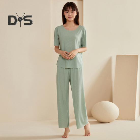 Women's Ice Silk Pajamas Set Short Sleeved Top Wide Leg Pants Sleepwear Set Summer Ultra Thin Two Piece Lounge Nightwear