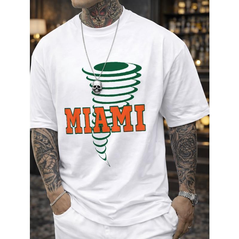 

European sizes Comfortable | Chic] Comfortable Chic Men S T-Shirt MIAMI with Tornado Graphic Pattern, Crew Neck, Short Sleeve, Allseason S белый