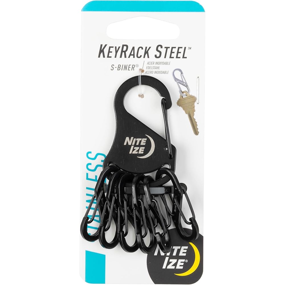 Nite Ize KeyRack Steel Black KRS-03-01 Durable Key Organizer with 6 Key Hooks and Keychain Attachment