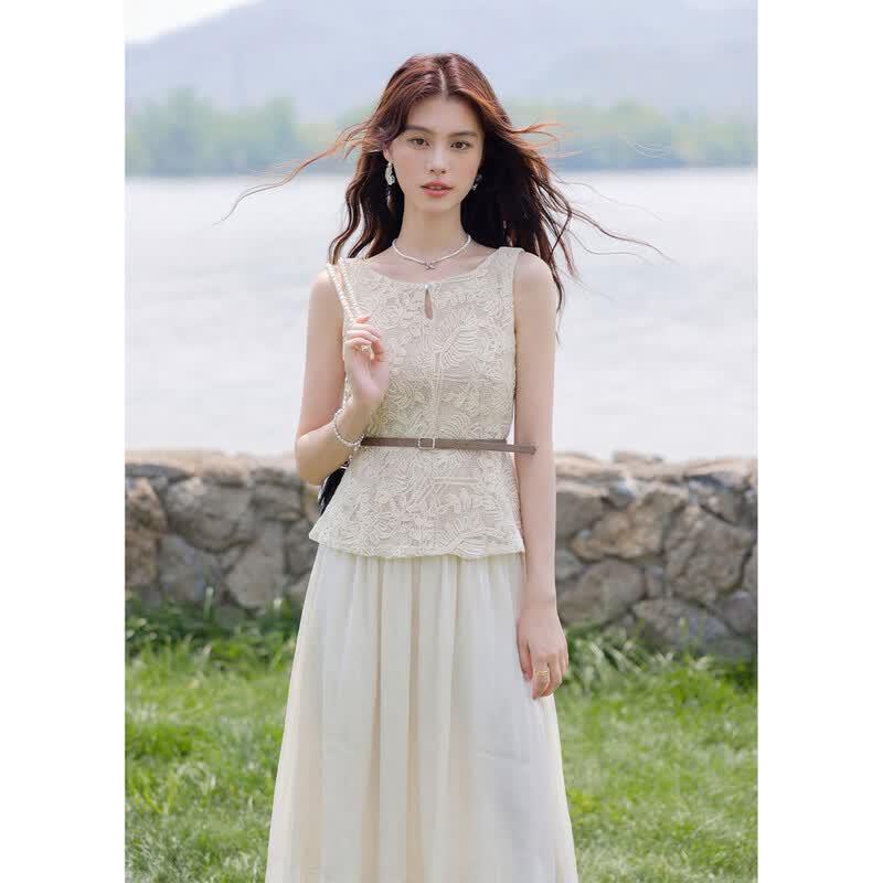 Mocana Women's Elegant Lace Sleeveless Top & Long Skirt Set