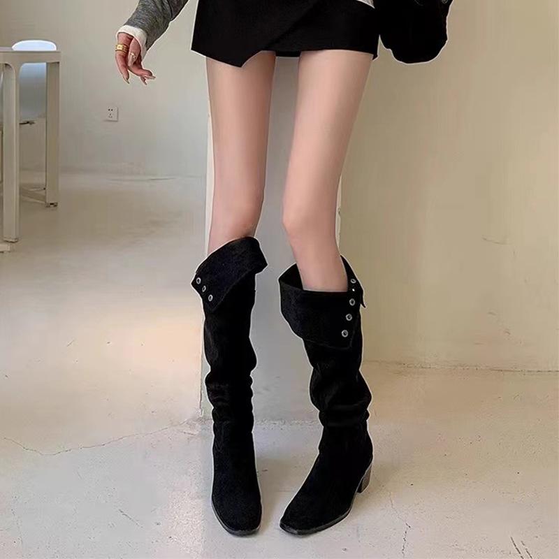 Pile boots retro niche small long boots French women's boots autumn and winter versatile western cowboy boots knight boots