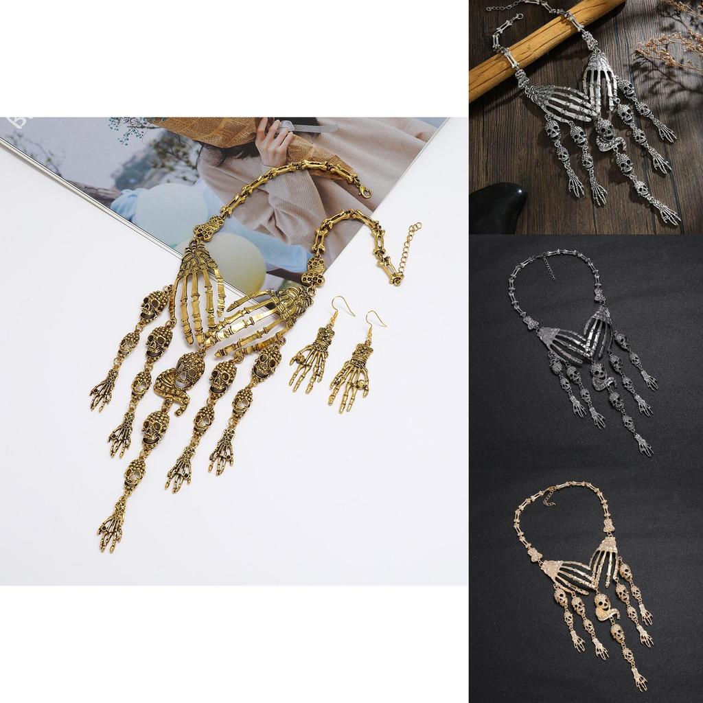 Fashion Hand Bone Women Necklace And Earring Set With Skeleton Tassel Design For Gothic Party Accessories
