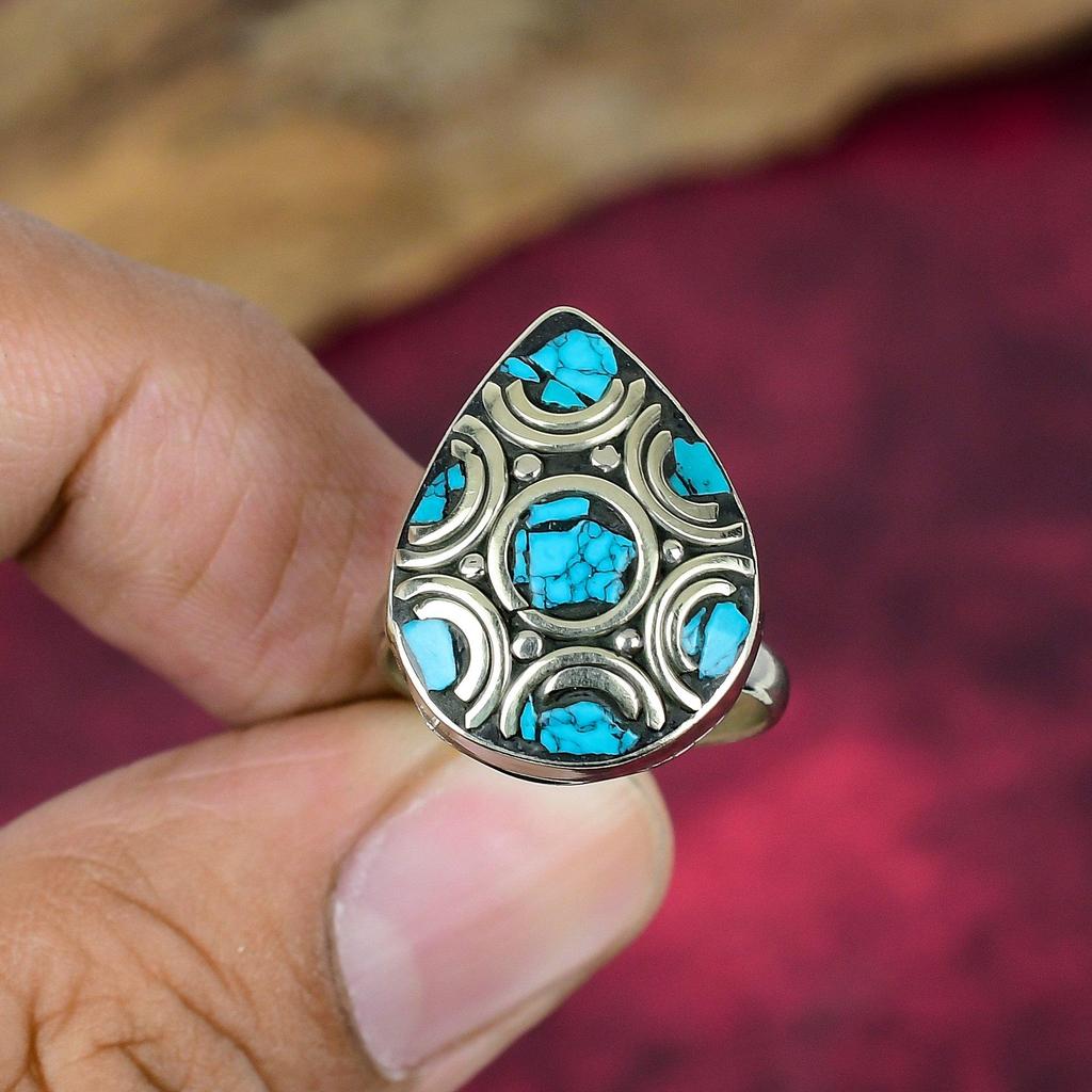 Blue Turquoise Solid Sterling Silver Nepali Ring, Handmade Gemstone Ring Jewelry, Gifts For Mother Brand New Adjustable Ring