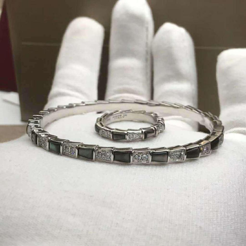 Sterling Silber Schlangenarmband mit Voll-Diamanten, natürlichem Perlmutt & Achat, in Pfauengrün für Paare - Unisex Europäischer & Amerikanischer Stil