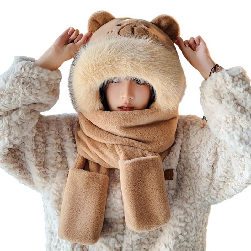 Furry Cartoon Capybara Hat with Scarf Gloves Set Thicken Furry Hat Oversized Headgear Hat for Winter Commute