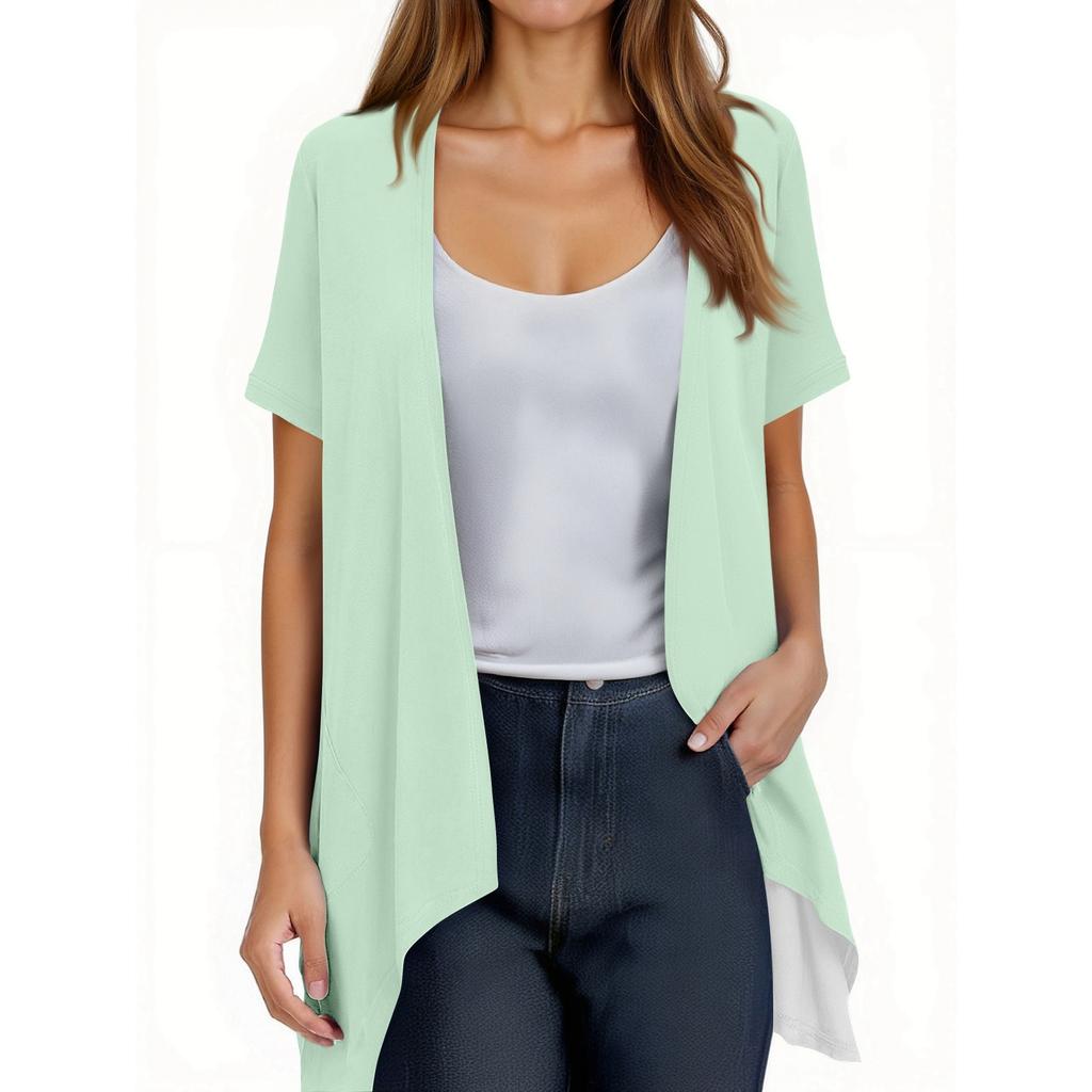 Women's Fashion Solid Color Irregular Hem Short Sleeve Cardigan Pocket Jacket