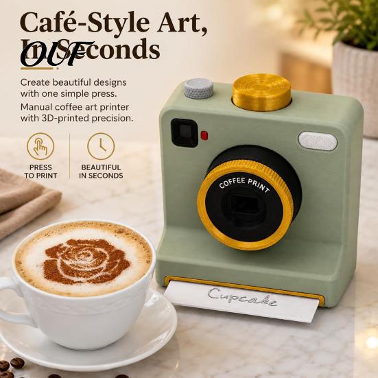 Coffee Powder Stencil Tool 3D Printed Latte Art Camera, Manual Printer with Cappuccino Pattern Maker Template Cards, Cocoa Cinnamon for Hot Chocolate
