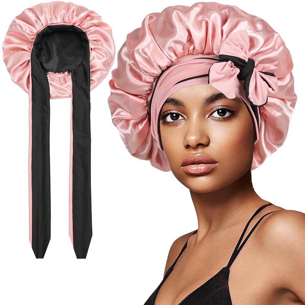 Polyester Double Layer Satin Sleep Cap With Bow Tie For Women And All Seasons Comfort