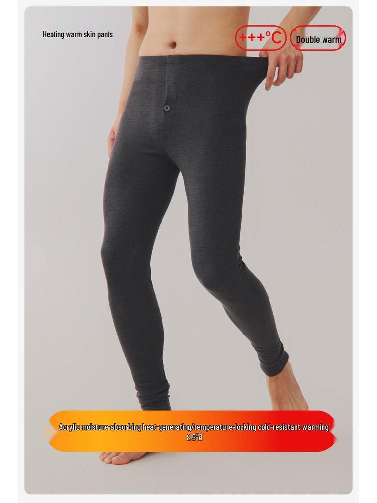 Men's Thick Fleece-Lined Warm Pants: Heat-Generating Acrylic and Cotton Base Layer for Autumn/Winter