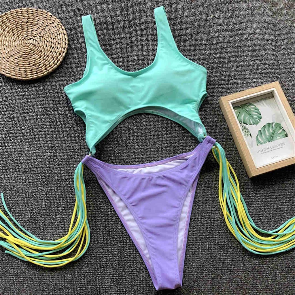 Fringe Women Swimwear Tummy Cut Out One Piece Swimsuit Female Tassel Bather High Cut Bathing Suit Swim Wear Lady
