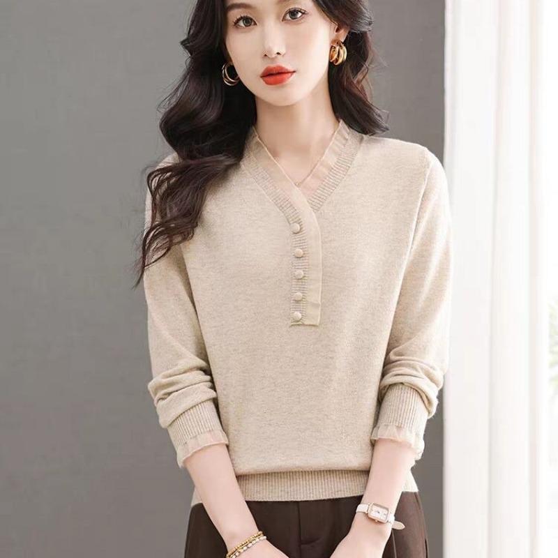 Autumn Winter Lace Patchwork Solid Color Knitting Pullover Top Women Casual Fashion V-neck Bottomed Sweater