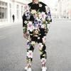 Men Contrast Panel Rose And Skull Art Print Long Sleeve Sweatshirt Jogger Pants Two Piece Suit