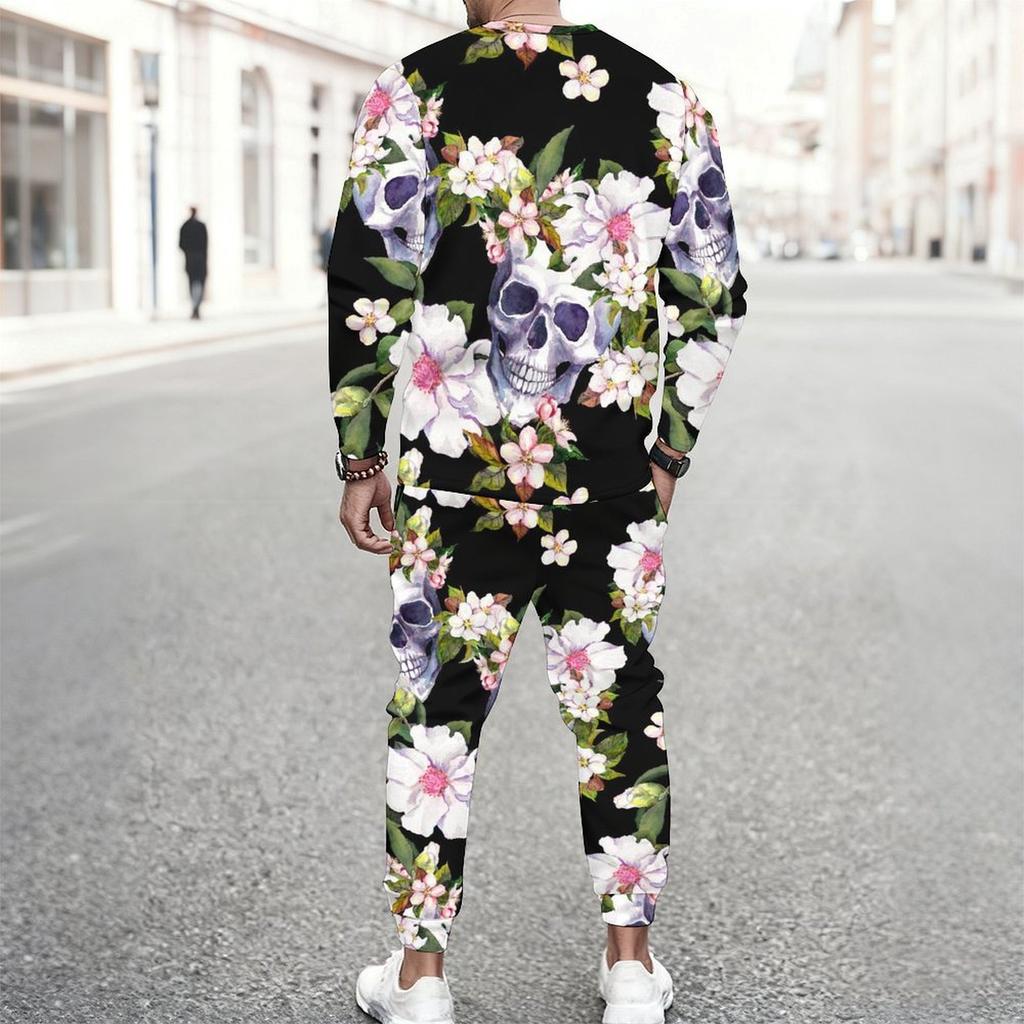 Men Contrast Panel Rose And Skull Art Print Long Sleeve Sweatshirt Jogger Pants Two Piece Suit