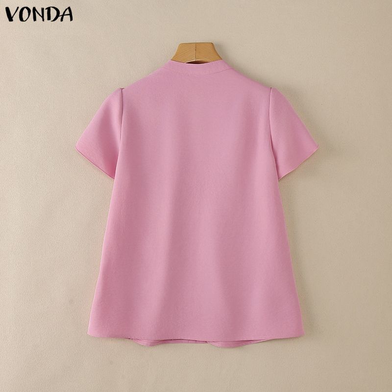 VONDA Summer Women V Neck Short Sleeve Solid Color Casual Blouse Tops