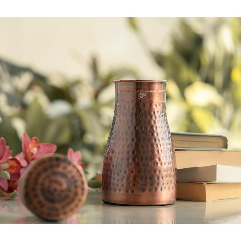 Pure Copper Bedroom Water Bottle with Inbuilt Glass, Hammered Antique Design - Drinkware & Storage Purpose, Volume 950 ml (Pack of 1)