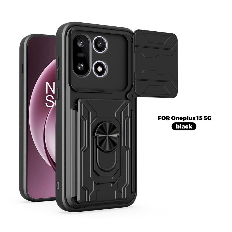 For OnePlus 15 5G Hidden Card Slot Slide Lens Protect Armor Shockproof Phone Case Coque For OnePlus 15 5G Ring Holder Cover For OnePlus 15 5G чёрный
