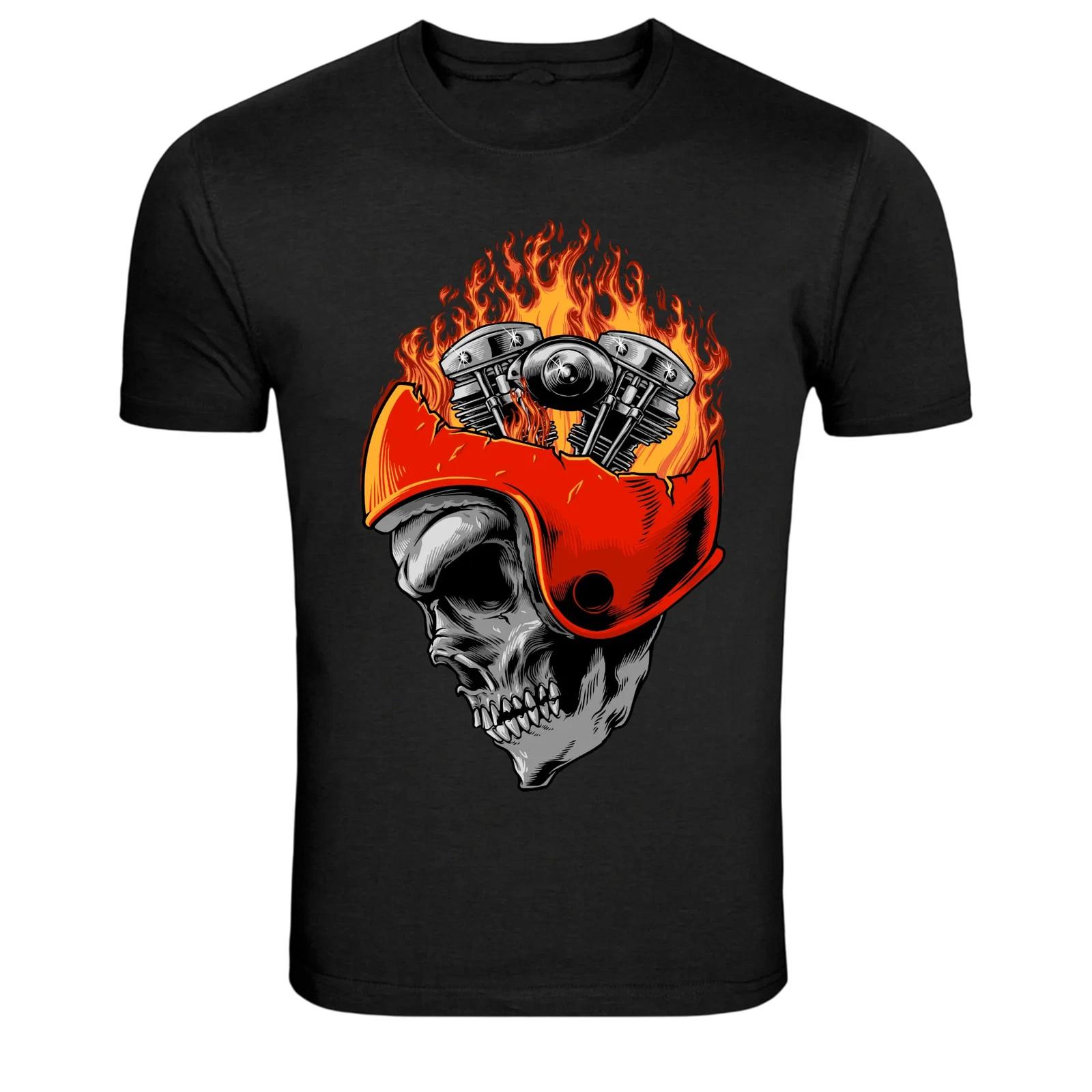 Flaming Helmet Engine Skull Biker Graphic T-Shirt M