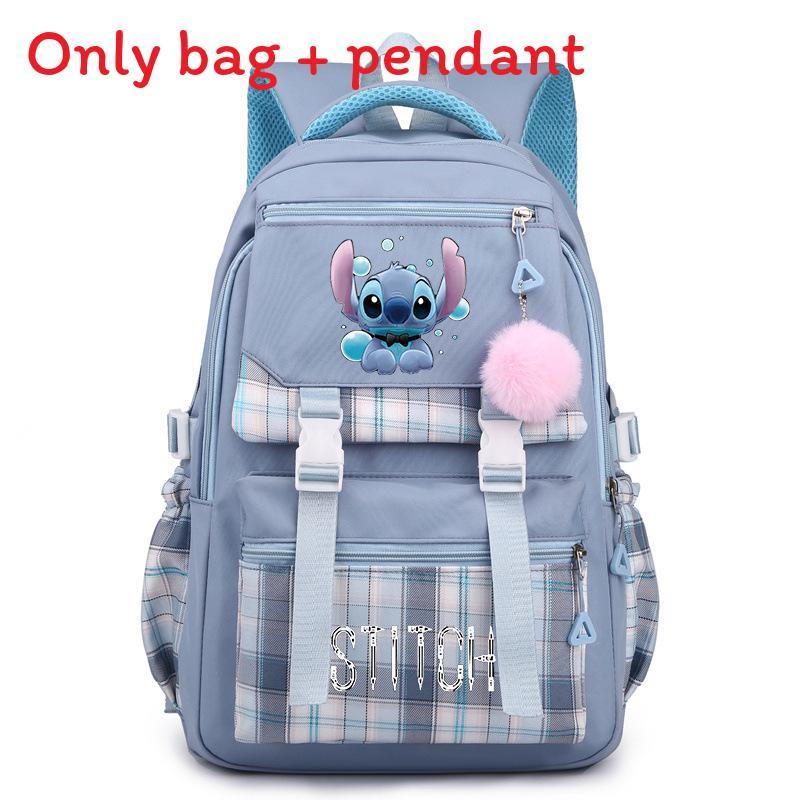 Cute Girl Backpack For School With Stitch Print And Checkered Patchwork Design For Middle School Students