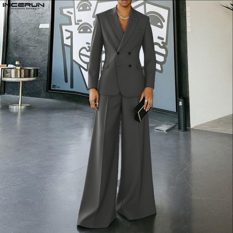 INCERUN Men Peak Lapel Long Sleeve Thin Blazer Long Pants Two Piece Suit Casual Outfits Sets
