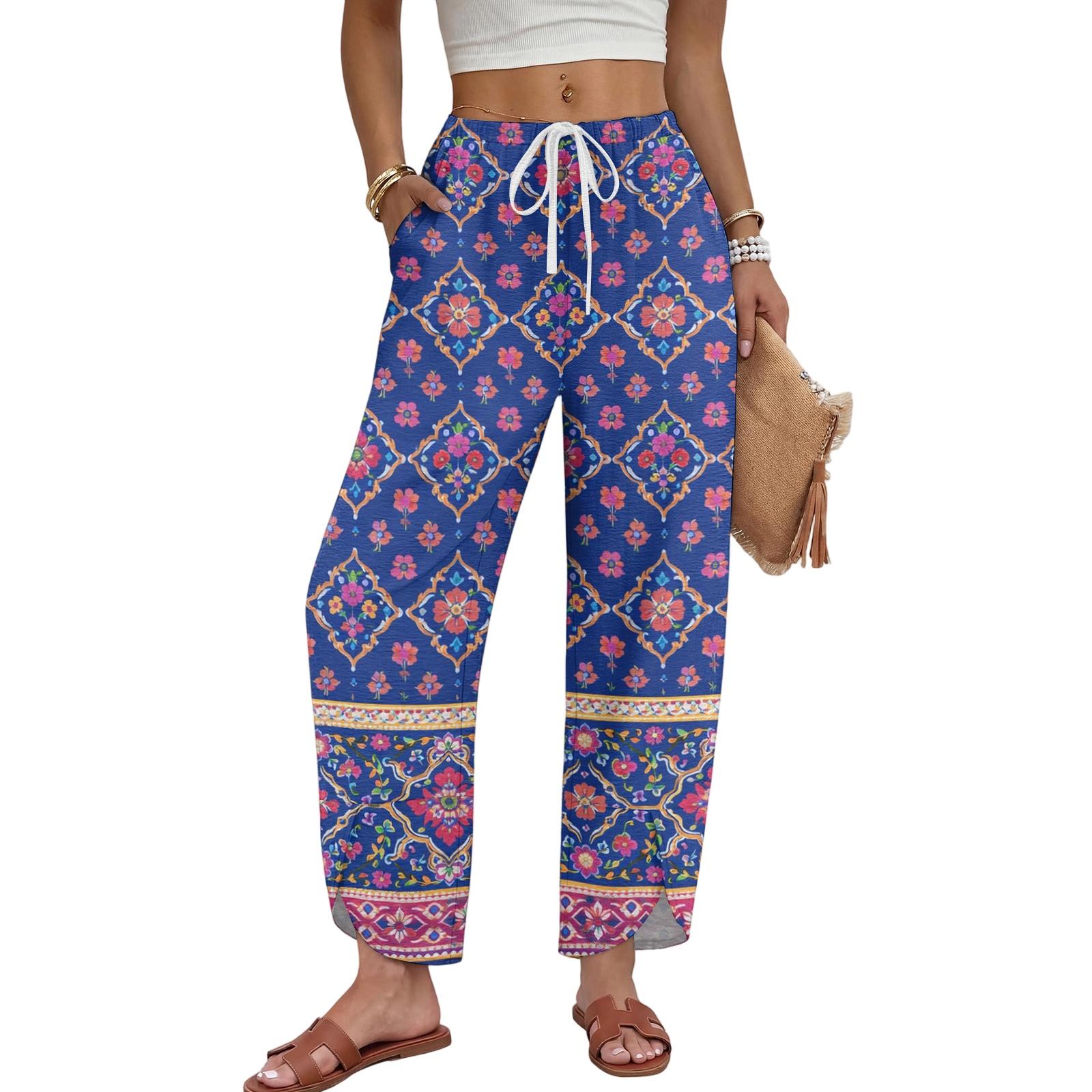 Women s Casual Loose Fit Wide Leg Drawstring Pants Floral Print Comfortable Lightweight Lounge Trousers with Elastic Waistband XL