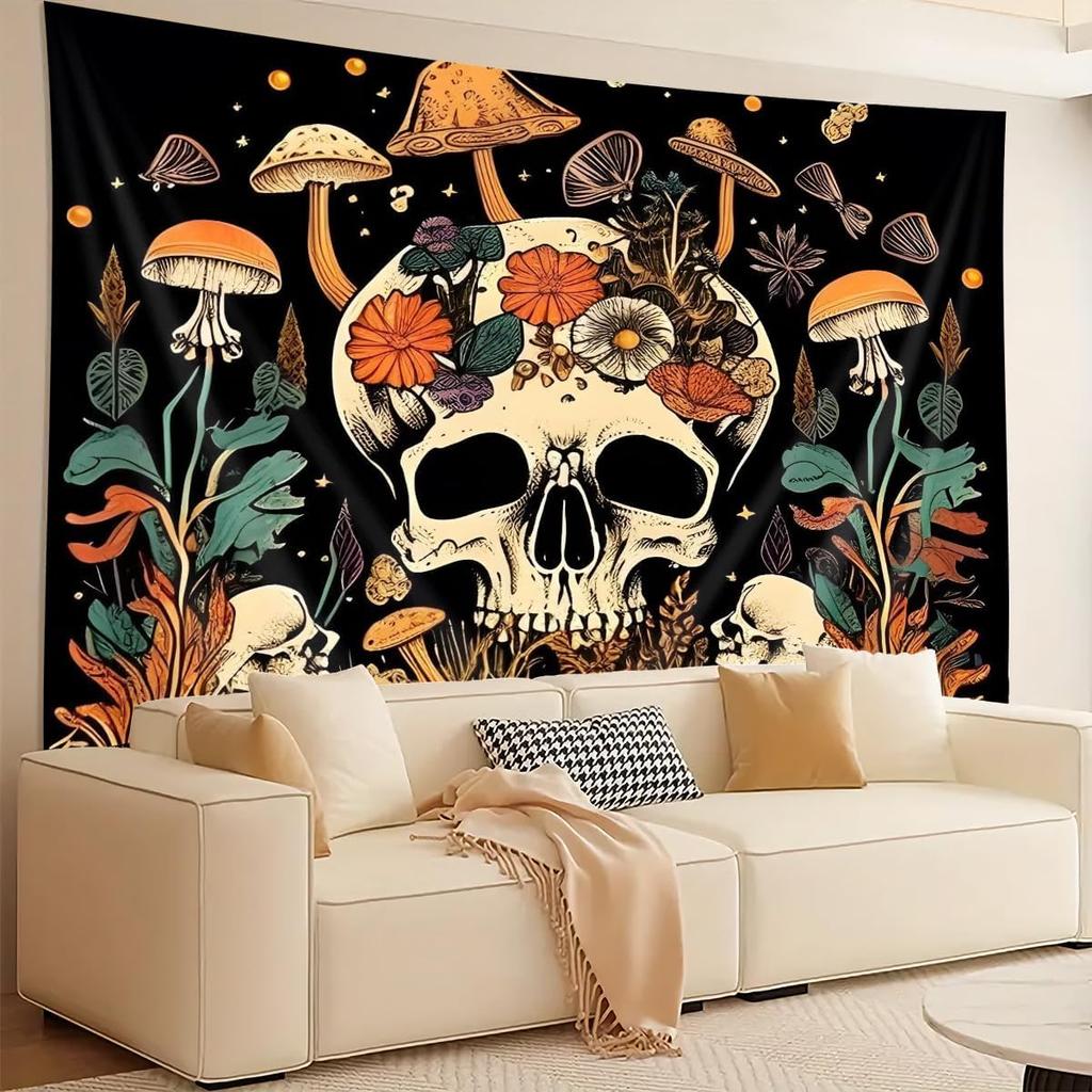 Cartoon Skull Floral Tapestry, Mushroom Leaves Skeleton Goth Garden Aesthetic Tapestries For Bedroom Game Room College