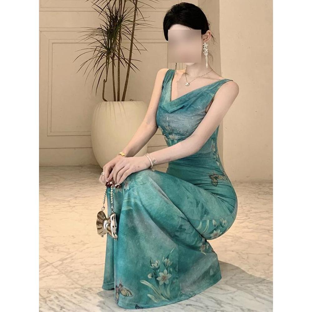 

Ретро принт бабочек, платье-макси с атмосферой, с вырезом-качели, на шее, темпераментное, с передовым чувством шарма, элегантное женское плиссированное платье-рыбка XL- (recommended 110-60kg)