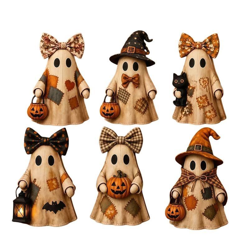 2D Vintage Abgenutzter Holzflicken Geist Tischdekoration Halloween Hexenhut Mit Schleife Dekoration Für Wohnzimmer Schlafzimmer Kamin