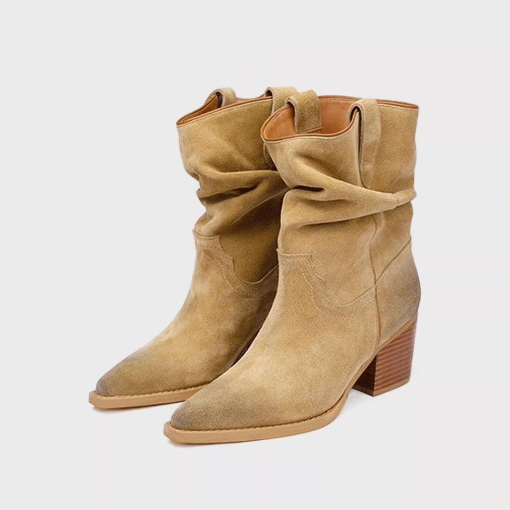 Cowhide version~ Western cowboy boots brown pointed head suede thin pleated stacking boots V-mouth thick heel medium tube short boots