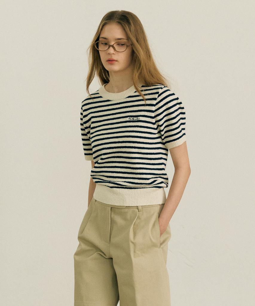 OSTKAKA Striped Boucle Short Sleeve Knit Navy