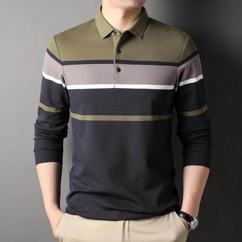 

Осенняя мужская футболка с длинными рукавами с лацканами, новая мужская удобная хлопковая повседневная деловая рубашка поло в градиентную полоску XXXL