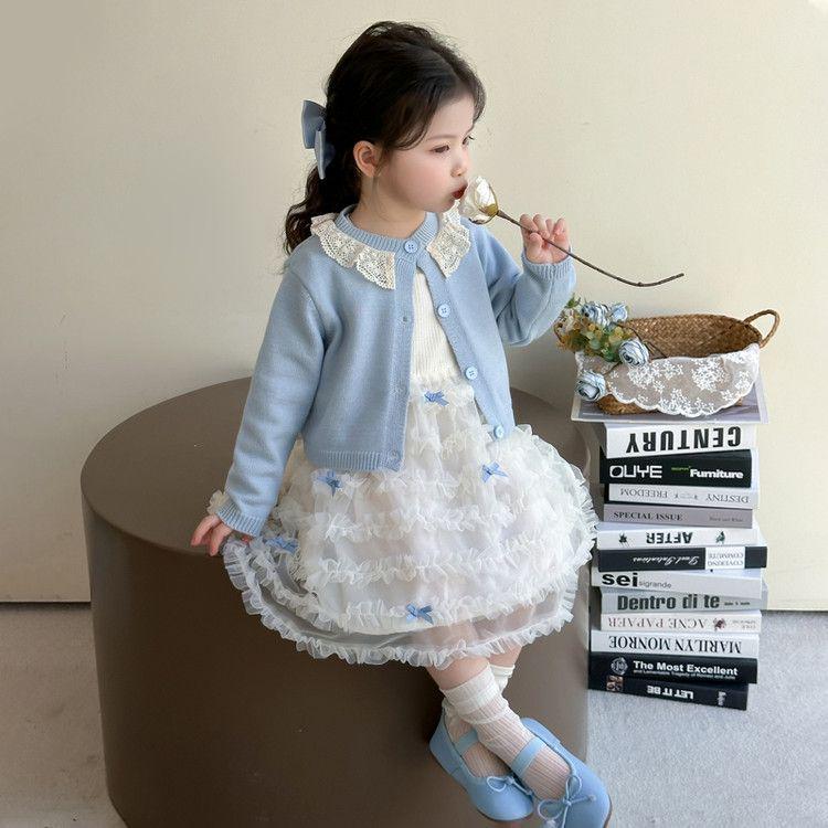 Girls' Spring & Autumn Cardigan Princess Dress Set 2025 - Sweet Two-Piece Outfit for Kids