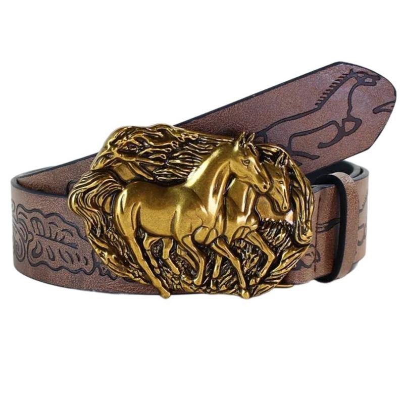 Waist Belt Punk Chain for Cowboy Cowgirl Carved Horse Buckle Retro Floral Buckle Waist Chain Belt
