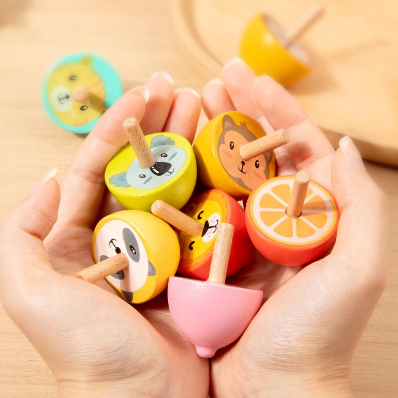 6pcs Wooden Spinning Top Toys Cartoon Childhood Wooden Gyro Fidget Toys Kids Montessori Colorful Spinning Gyro Birthday Gifts