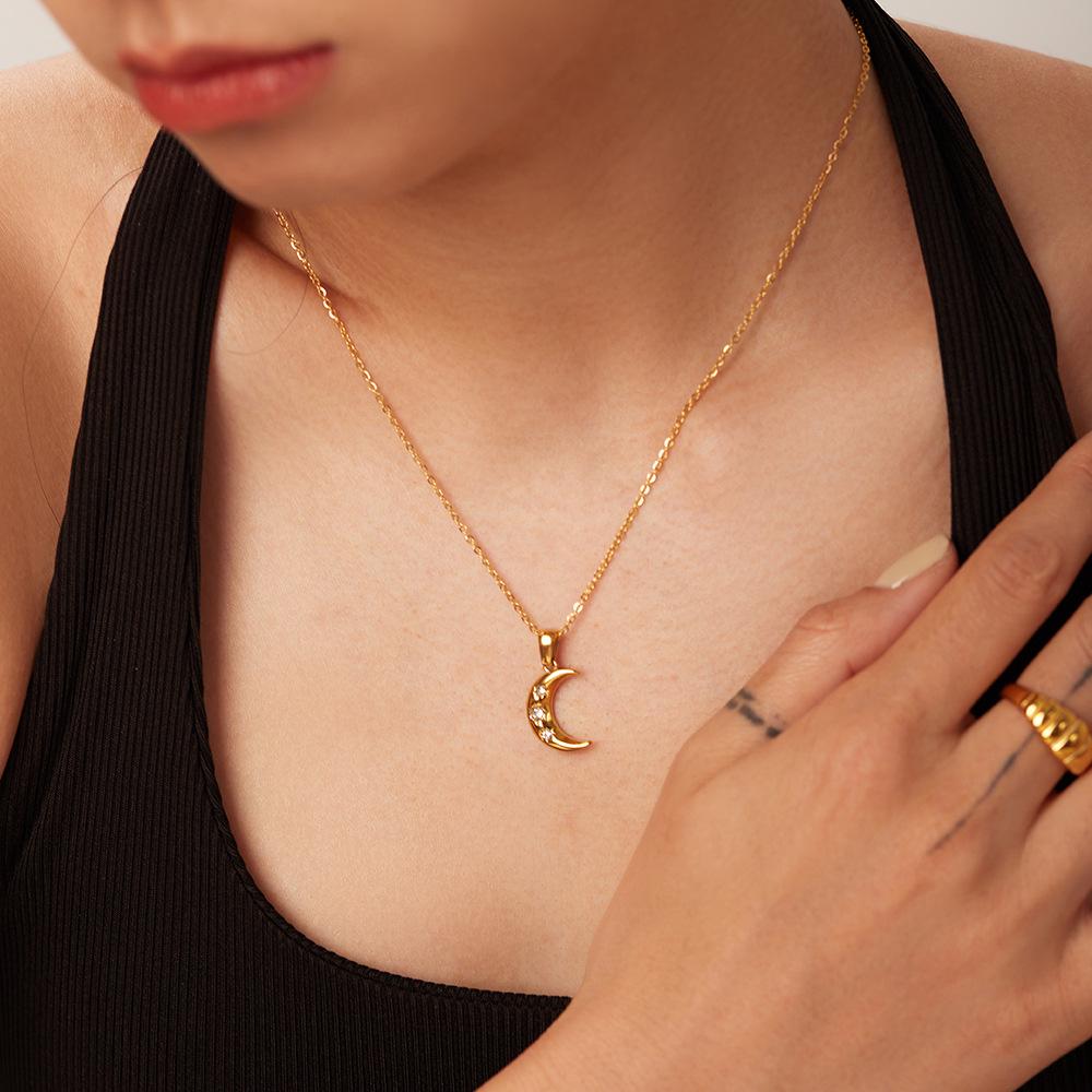 18K Gold Plated Stainless Steel Necklace Set with Triple Zircon Moon Pendants - Women's European/American Influencer Style