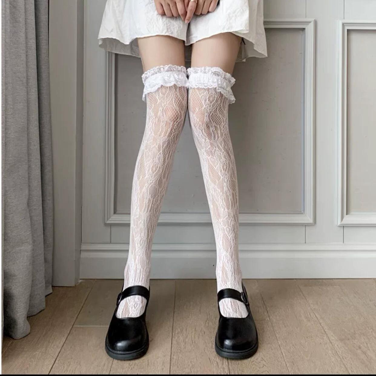 

Spring Autumn Thin Lace Hollow White-colored Thigh High Lolita Socks designed for Women Jk Cute Black Long Stockings One Size