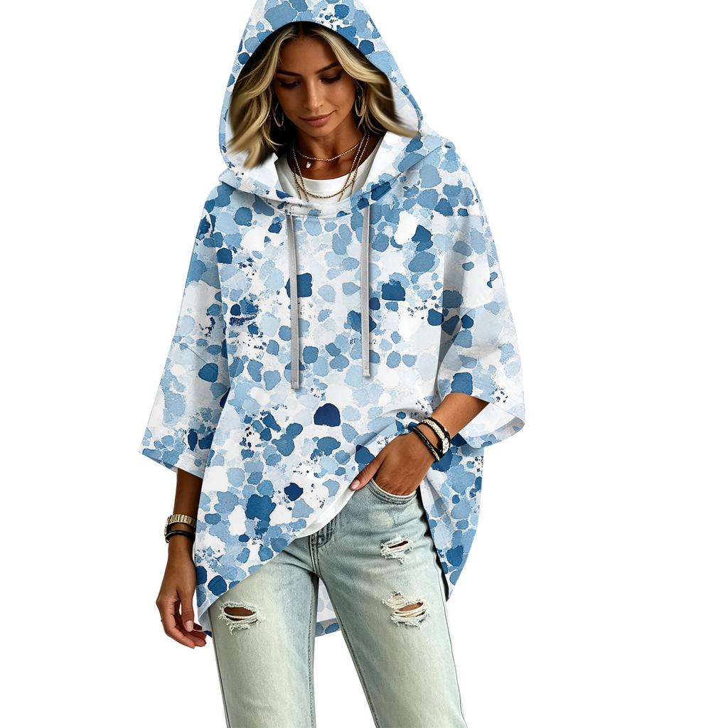 Women's Vintage Floral Print Hooded Pullover Top with Three-Quarter Sleeves for Casual Everyday Wear