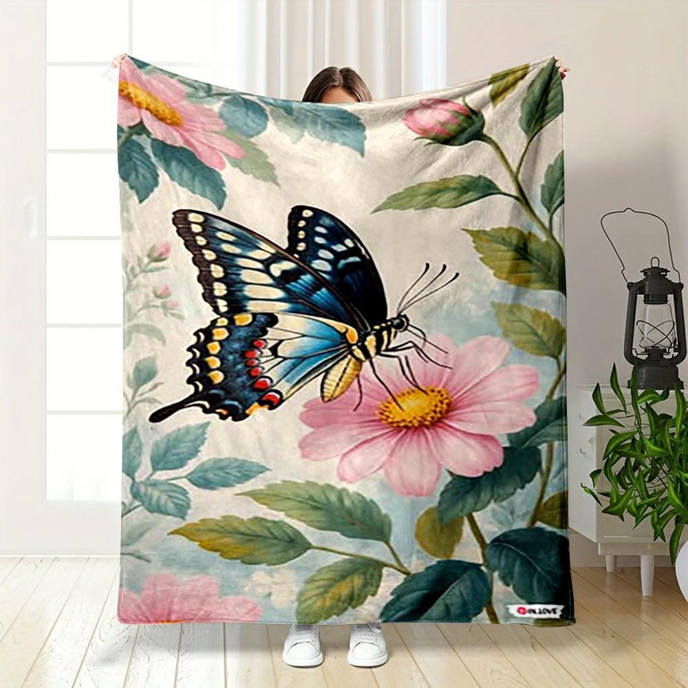 Colorful Butterfly and Flowers Design Flannel blanket for bedroom living room sofa and nap