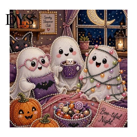 Przytulna Jesienna Dekoracja Domu Halloweenowy Zestaw do Malowania Perłami Sztucznymi, Uroczy Duch 3D Art DIY Ręcznie Robione Prezenty Świąteczne dla Nastolatków Zestaw dla Dorosłych, Boże Narodzenie