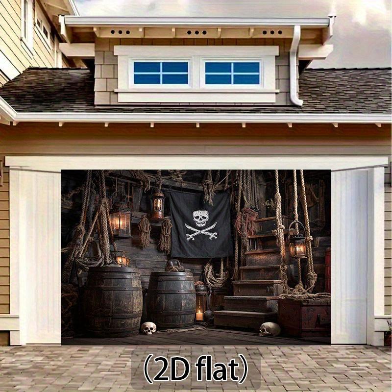 1 Piece, Pirate Ship Background Cloth with Skull and Cross Bone Flags, Wooden Barrels, and Rope Details