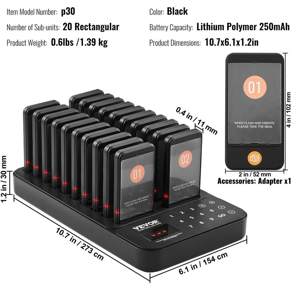 Restaurant Pager System, Wireless 400m Long Range Lineup Waiting Queue Signal, Guest Customer Calling Beepers with Vibration & Flashing, 20 Buzzers
