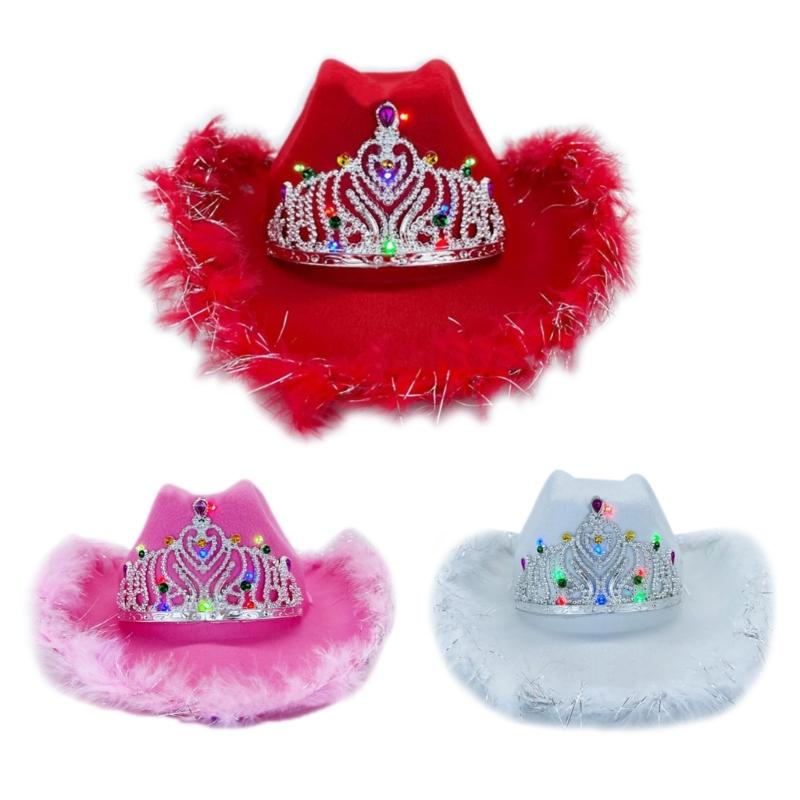 Rhinestone Crown Cowboy Hat Western Style Led Light Brim Hat Fedora Felt Cowboy Jazz Hat Accessory Wedding Party Hat