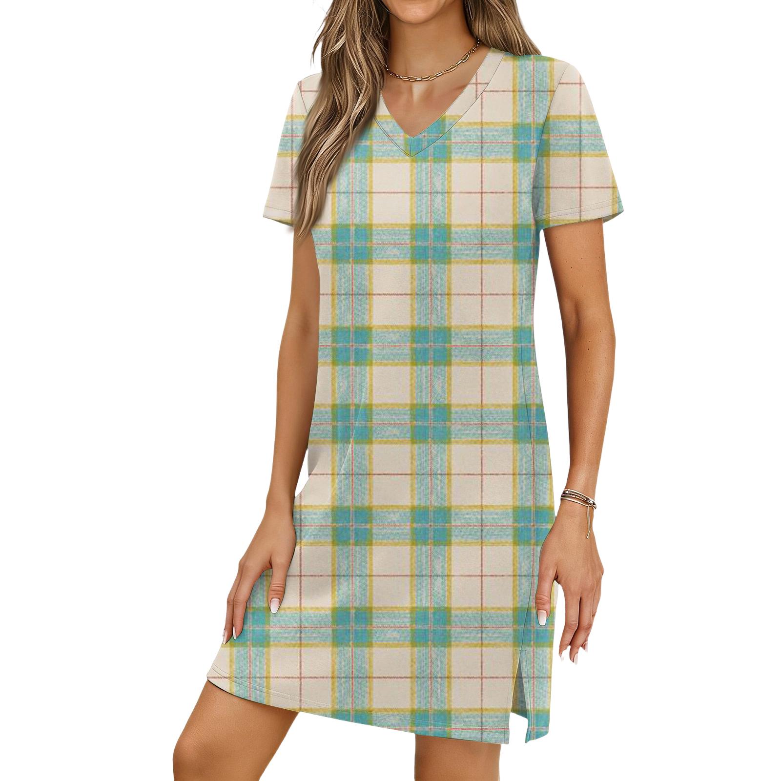 Women s Casual V-neck Short Sleeve Split Hem Plaid Print Dress L