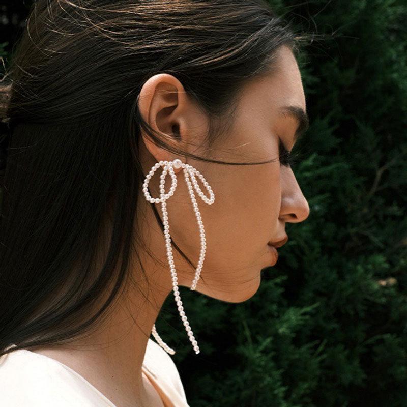 Elegant Faux Pearl Hollow Bow Tassel Drop Earrings For Women Office Career Jewelry