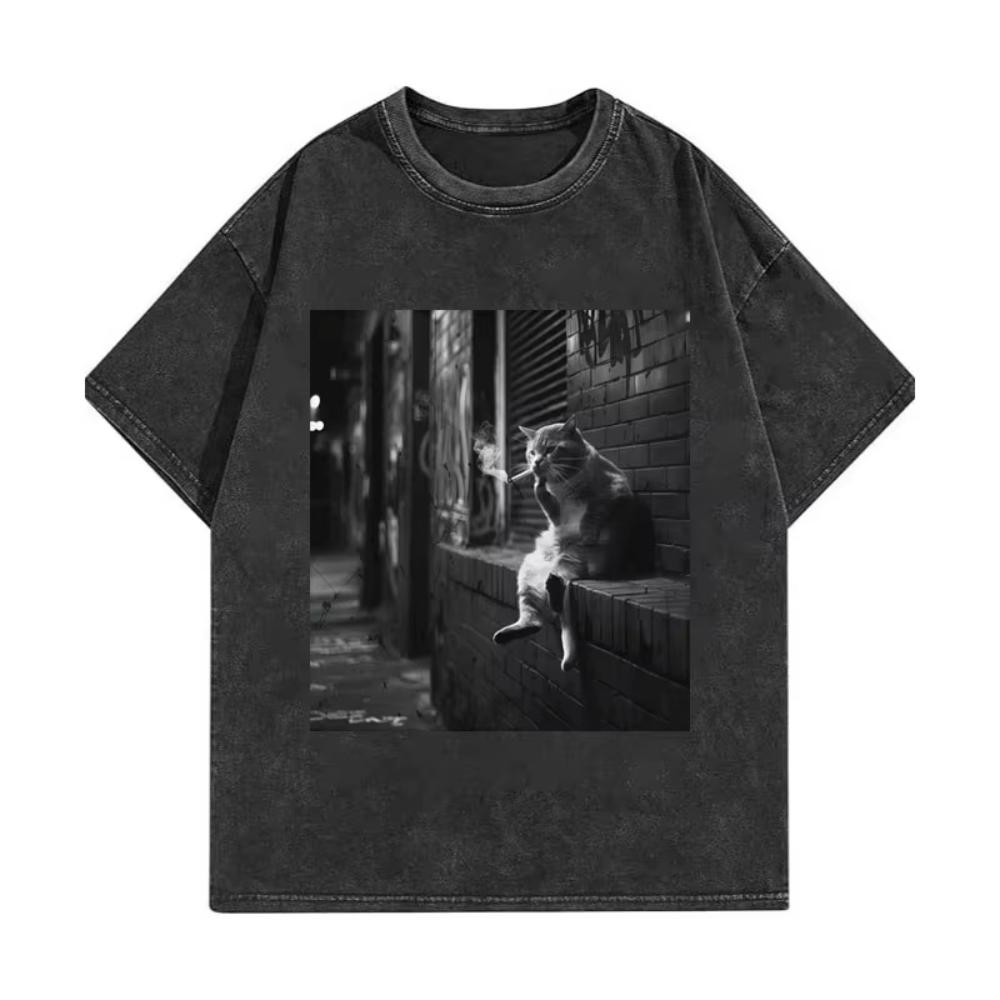 Funny Cat Meme T-shirt High Quality Fashion Vintage Washed T-shirts Men Women Casual Short Sleeve T Shirts Streetwear