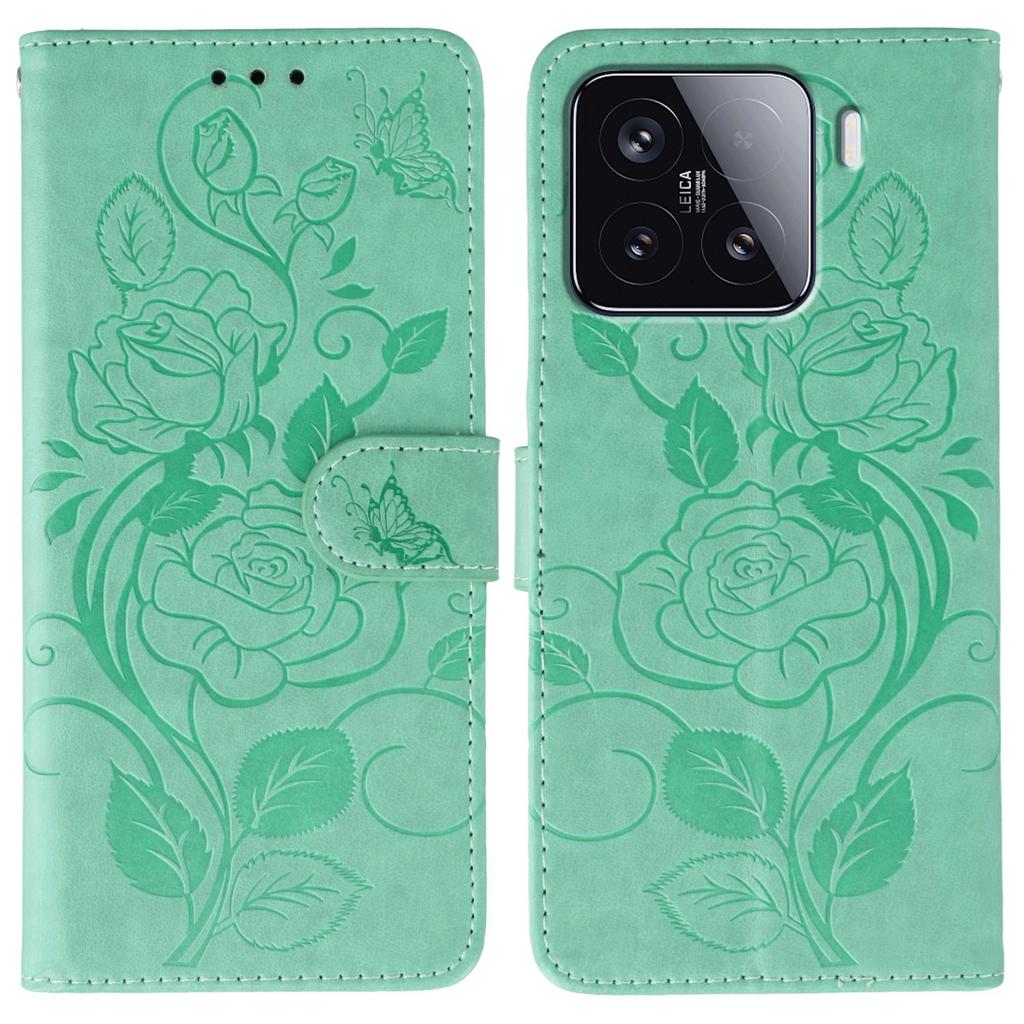 For Xiaomi 15 Case Wallet Stand Imprinted Rose Butterfly PU Leather Phone Cover