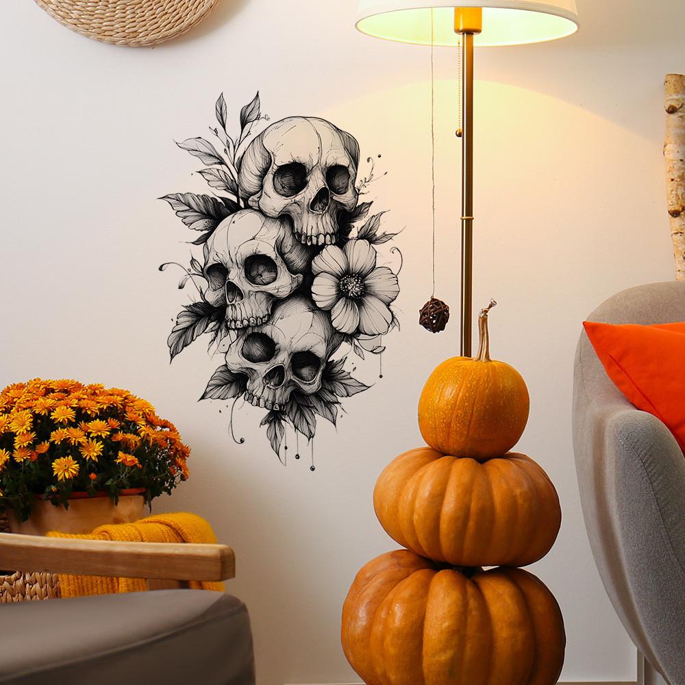 Black And Halloween White Skull And Flower Home Decoration Stickers Wall