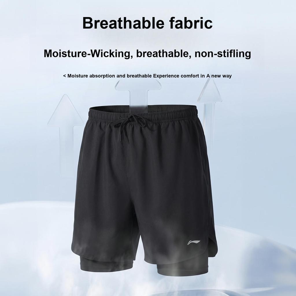 Li-Ning Quick-Dry Double-Layer Anti-Embarrassment Hot Spring Leisure Beach Shorts Unisex Shorts Black LN-LSKV607-1