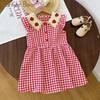 Mädchen Freizeitkleid Erdbeer-Häkelkragen Karomuster Flatterärmelkleid Niedliche Outfits Mädchen Vestidos