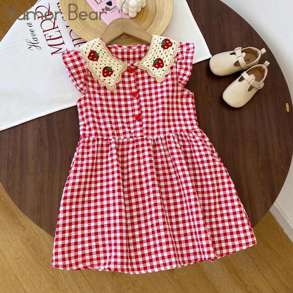 Mädchen Freizeitkleid Erdbeer-Häkelkragen Karomuster Flatterärmelkleid Niedliche Outfits Mädchen Vestidos